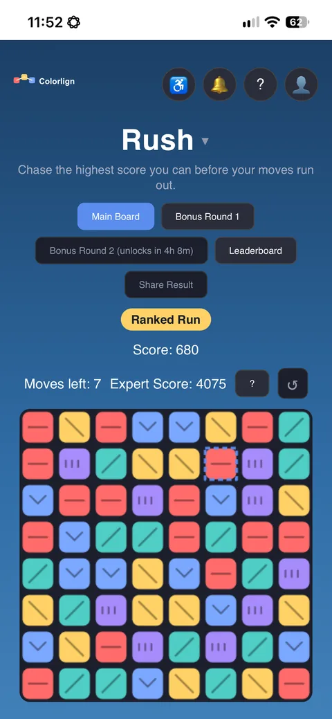 Colorlign Rush mode on iPhone: a board of colored tiles with a score of 680, 7 moves left, and the expert score to beat.