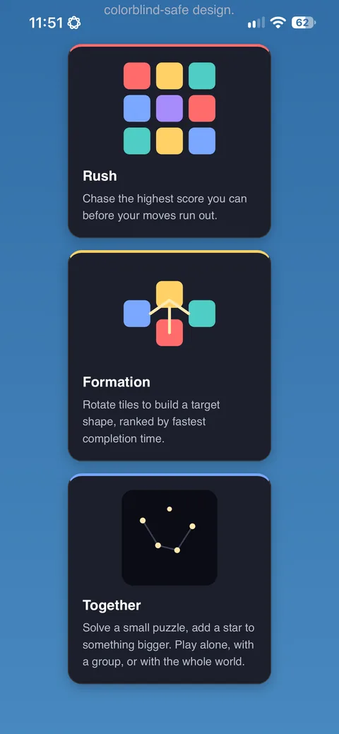 Colorlign game modes: Rush for high scores, Formation to build a target shape fastest, and Together to add stars to a shared picture.