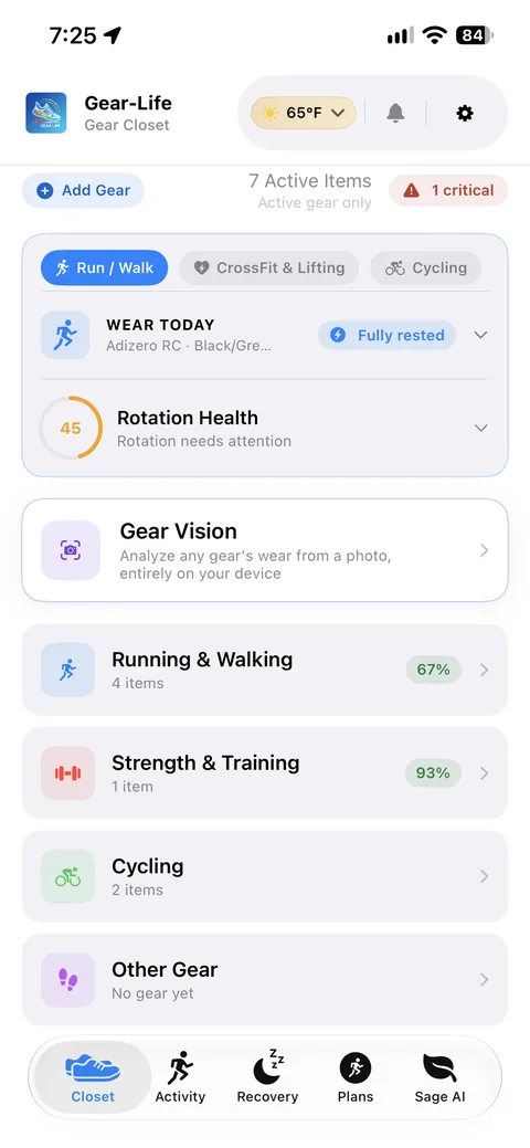 Gear-Life Closet screen on iPhone showing what to wear today and gear health by category