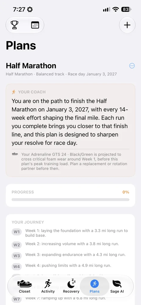 Gear-Life Plans screen: a Half Marathon plan for January 3, 2027, with a coach note warning that the current shoe will cross critical foam wear before peak training.