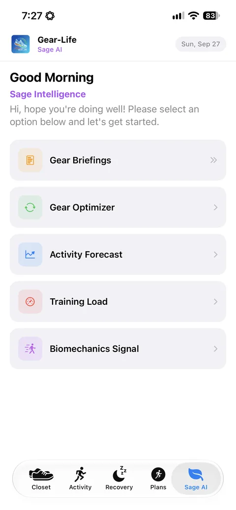 Gear-Life Sage AI screen: Gear Briefings, Gear Optimizer, Activity Forecast, Training Load and Biomechanics Signal.