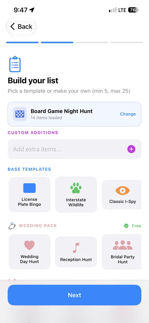 Journey Hunt Build your list screen with the Board Game Night Hunt loaded, custom additions, and templates like License Plate Bingo and Interstate Wildlife.