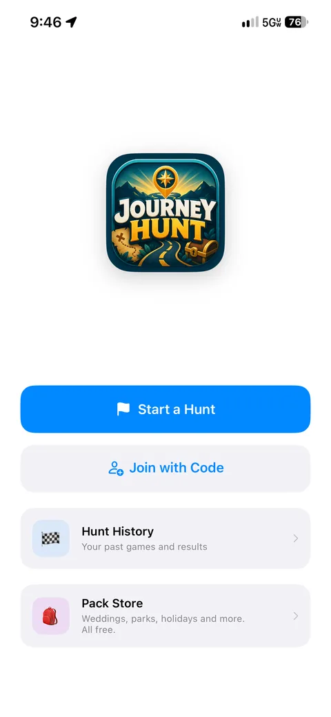 Journey Hunt home screen with Start a Hunt, Join with Code, Hunt History and the Pack Store.