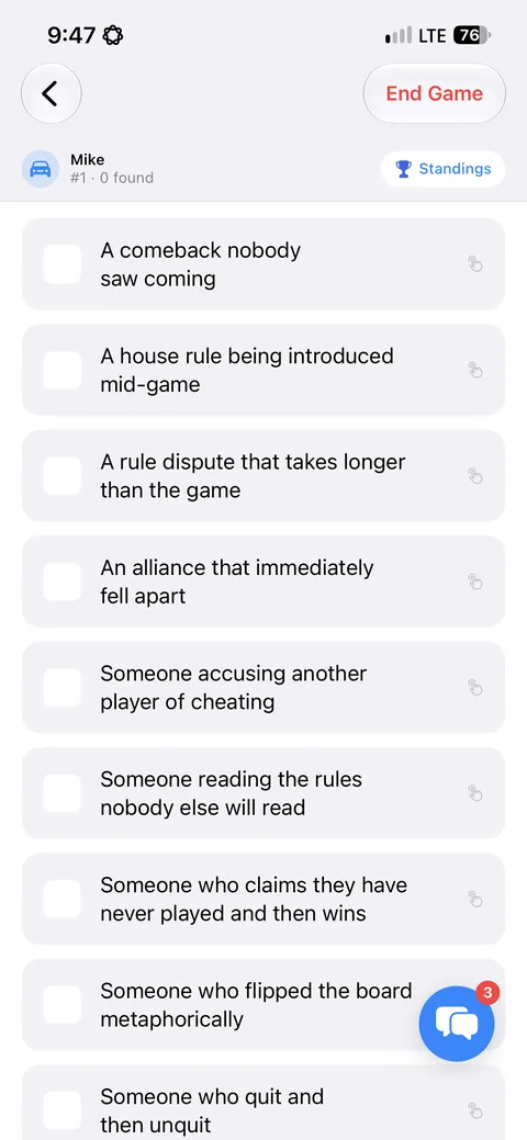 Journey Hunt game in progress: a checklist of hunt items, the player standings button, and a group chat button with three new messages.