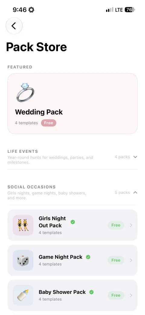 Journey Hunt Pack Store featuring the Wedding Pack, plus free Girls Night Out, Game Night and Baby Shower packs.