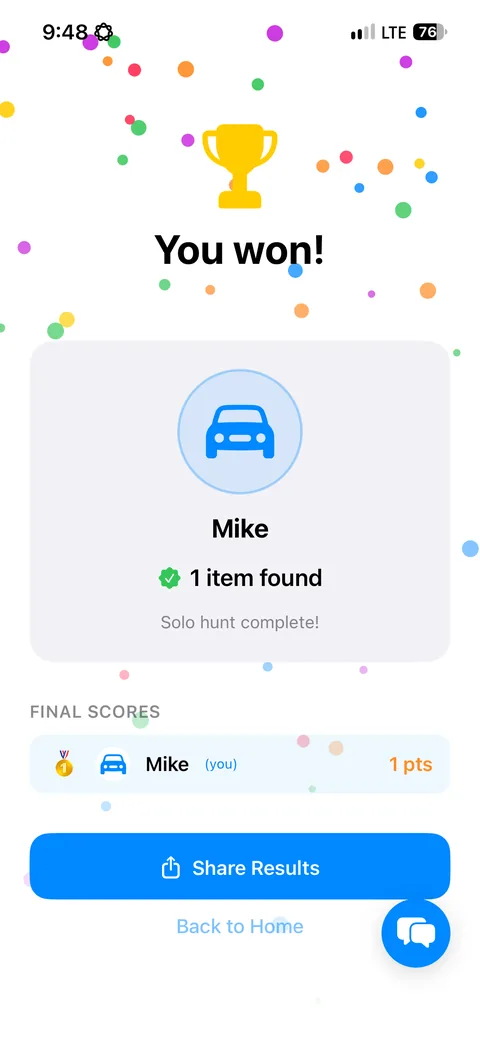 Journey Hunt results screen: You won, final scores, and a Share Results button.